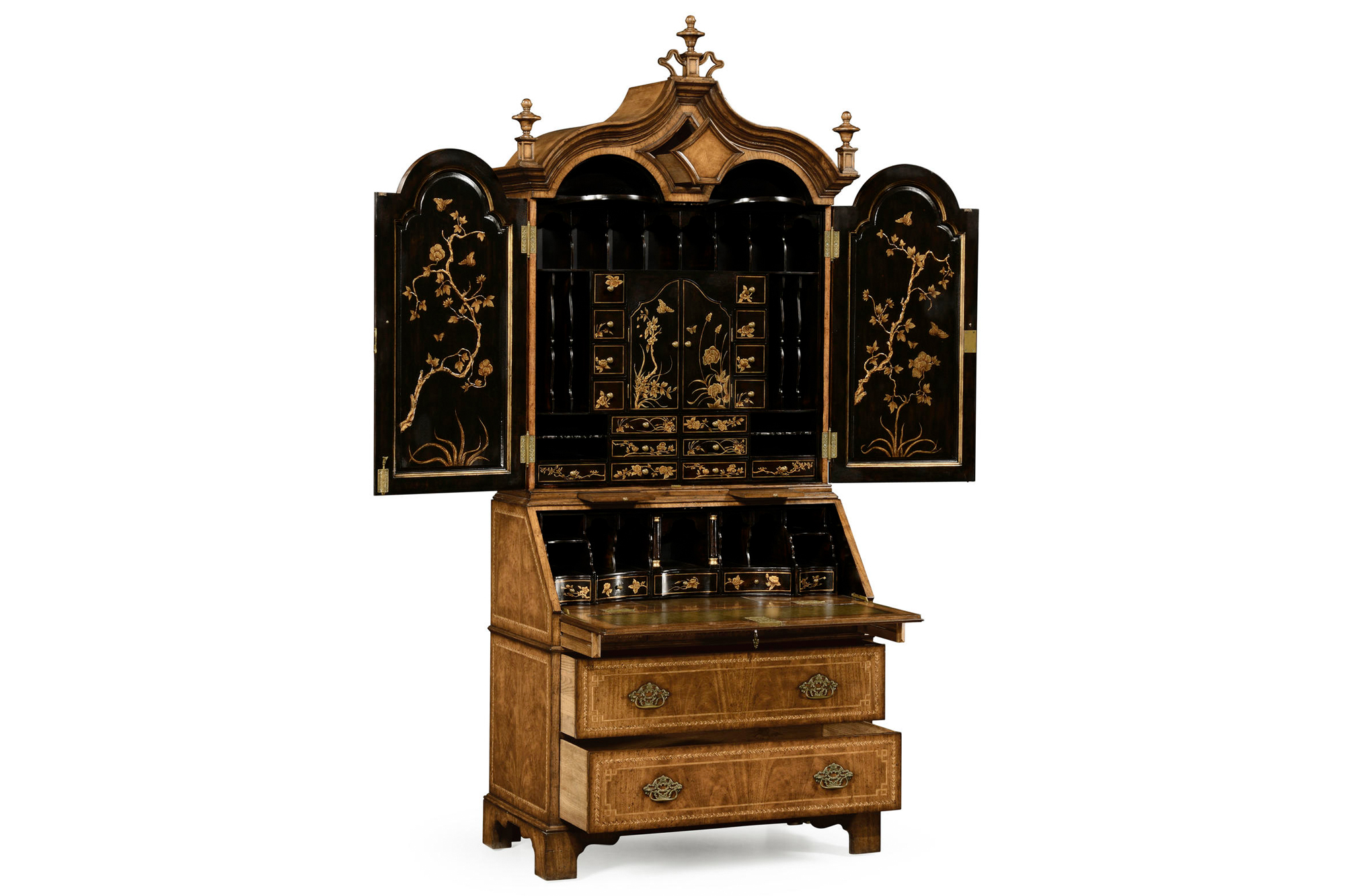 Queen Anne Walnut and Chinoiserie Secretary Desk with Crotch Veneers