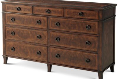 Cerejeira veneered dresser with khaya and nine drawers on splayed legs