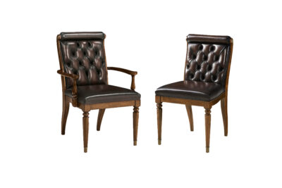 Mahogany Tufted Leather Chairs With Brass Accents