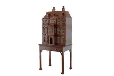 Mahogany Doll House Bar Cabinet with Brass Accents and Glass Shelf
