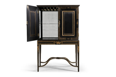 Black Lacquer Drinks Cabinet with Églomisé Interior and Stand