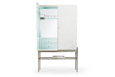 White Oak Bar Cabinet with Textured Doors and Metal Base