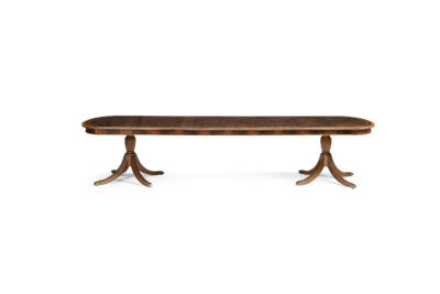 12-foot Inlaid Duncan Phyfe mahogany dining table with flame mahogany apron, and brass turned pedestals an AP Exclusive by AntiquePurveyor