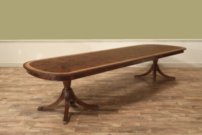 Rectangular, satinwood banded, formal dining room table with brass turned columns an AP Exclusive by AntiquePurveyor
